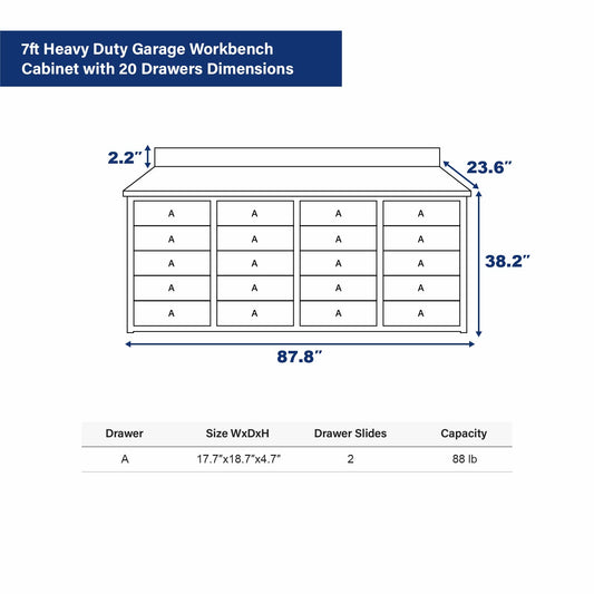 7ft Heavy Duty Garage Workbench Cabinet with 20 Drawers Dimension