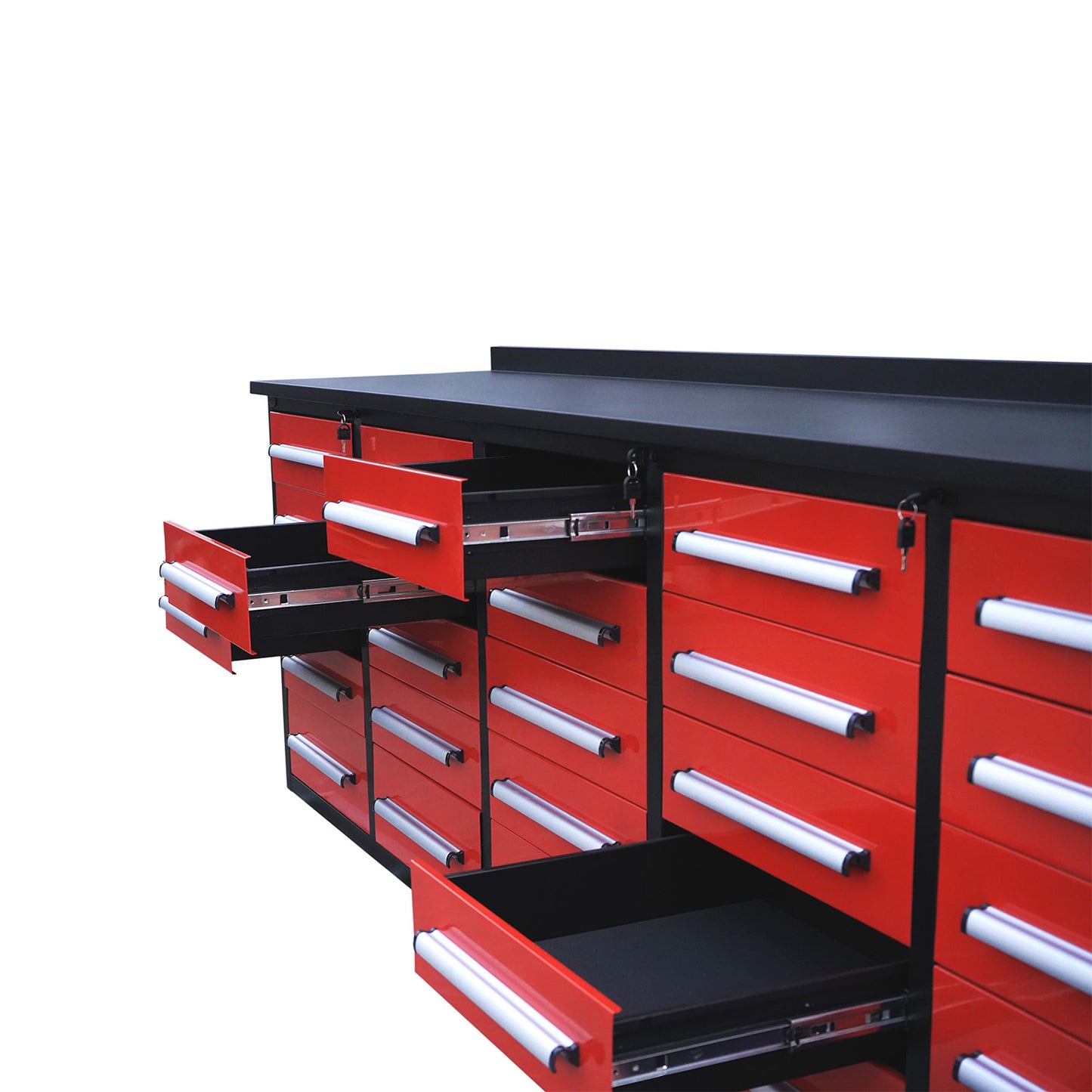 The 10' 25-drawer Garage Storage cabinet has 2 sizes of drawers#color_Red