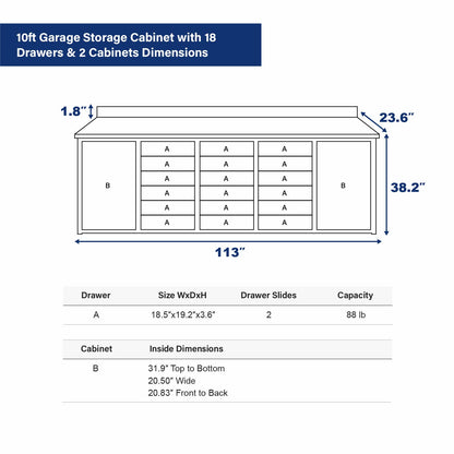 10ft Garage Storage Cabinet with 18 Drawers & 2 Cabinets Dimension