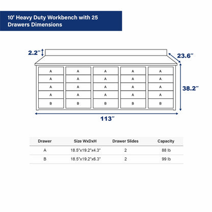 10' Heavy Duty Workbench with 25 Drawers Dimension