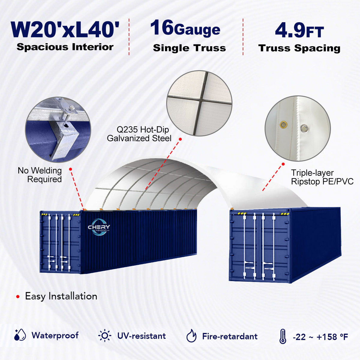 Infographic of a large blue structure with specifications and features on a white background