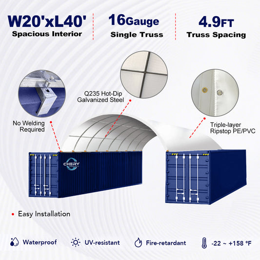 Infographic of a large blue structure with specifications and features on a white background