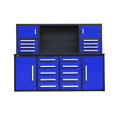 7' Garage Storage Cabinet with Workbench (18 Drawers & 4 Cabinets & Pegboard)#color_Blue