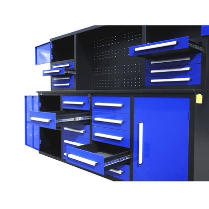 7' Garage Storage Cabinet with Workbench (18 Drawers & 4 Cabinets & Pegboard)#color_Blue