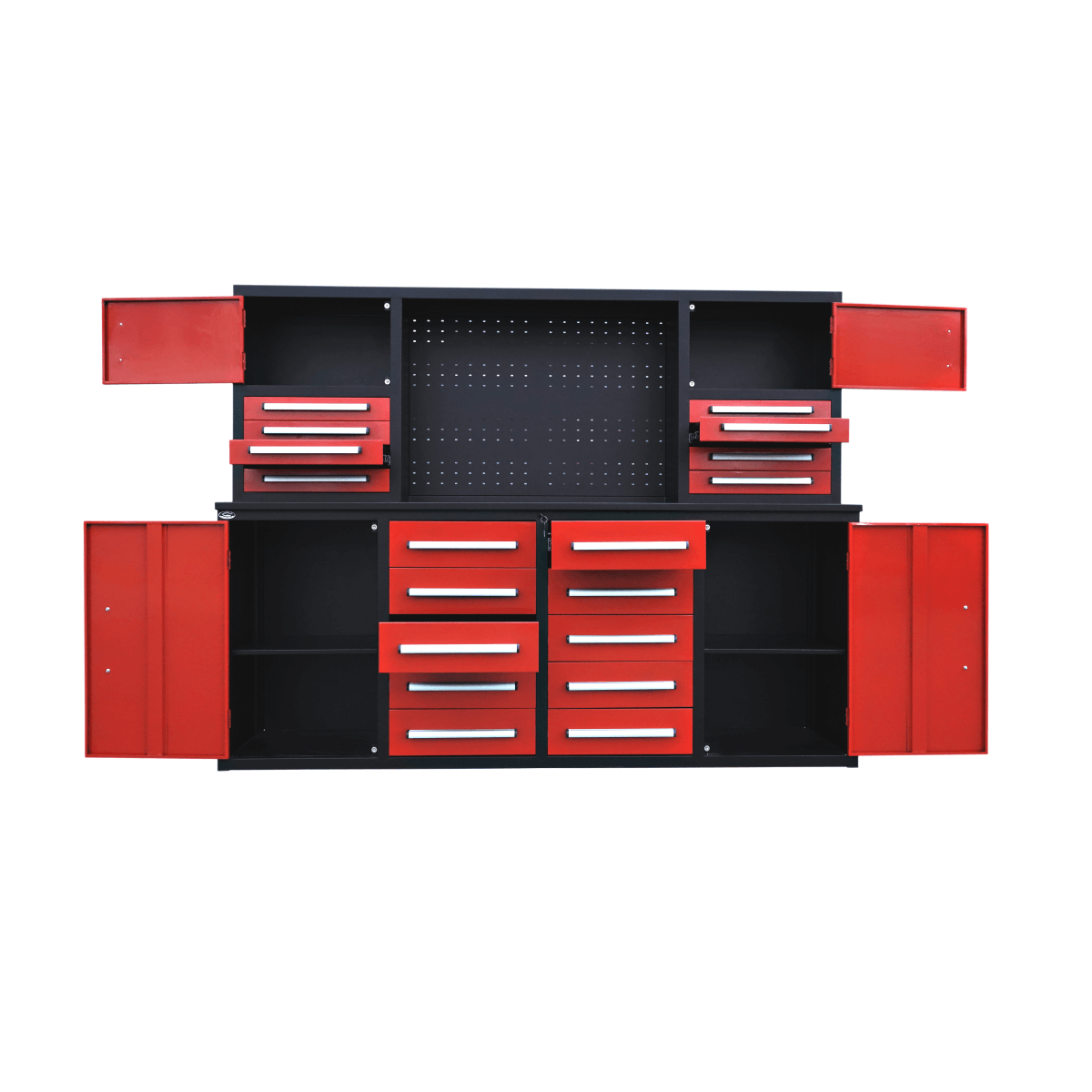 7' Garage Storage Cabinet with Workbench (18 Drawers & 4 Cabinets & Pegboard)#color_Red