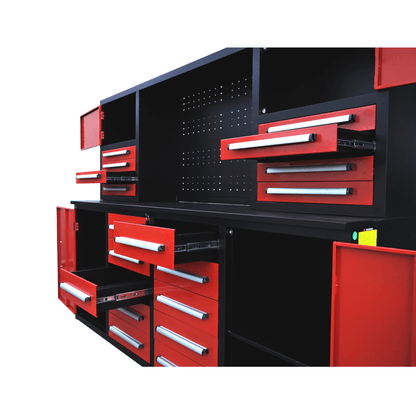 7' Garage Storage Cabinet with Workbench (18 Drawers & 4 Cabinets & Pegboard)#color_Red