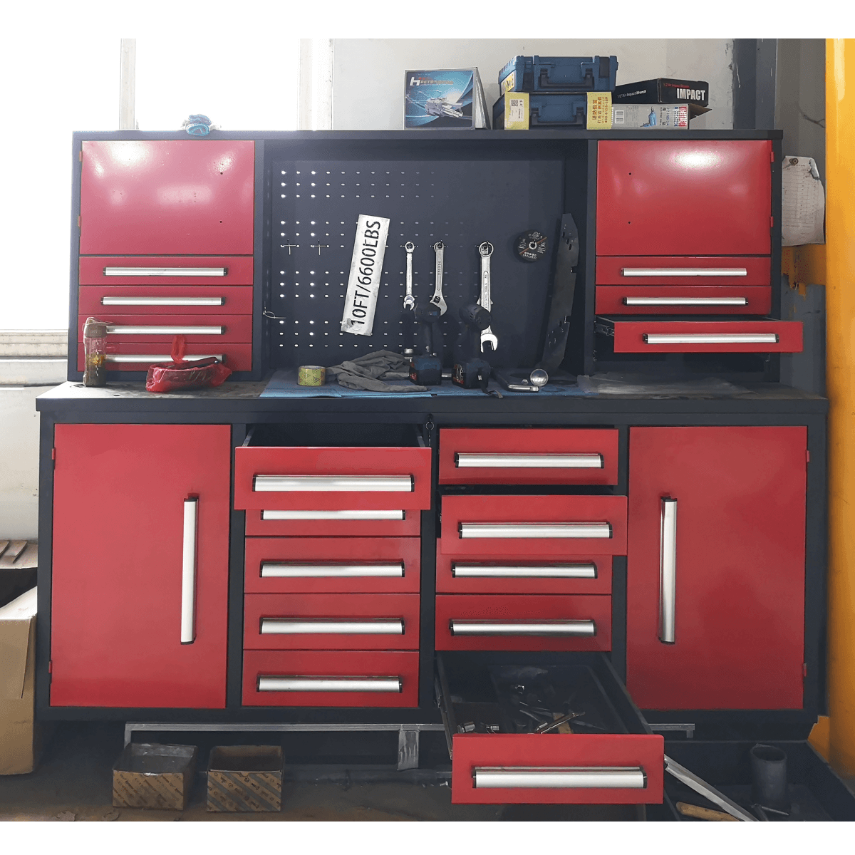 7' Garage Storage Cabinet with Workbench (18 Drawers & 4 Cabinets & Pegboard)#color_Red