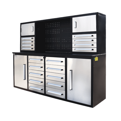 7' Garage Storage Cabinet with Workbench (18 Drawers & 4 Cabinets & Pegboard)#color_Silver