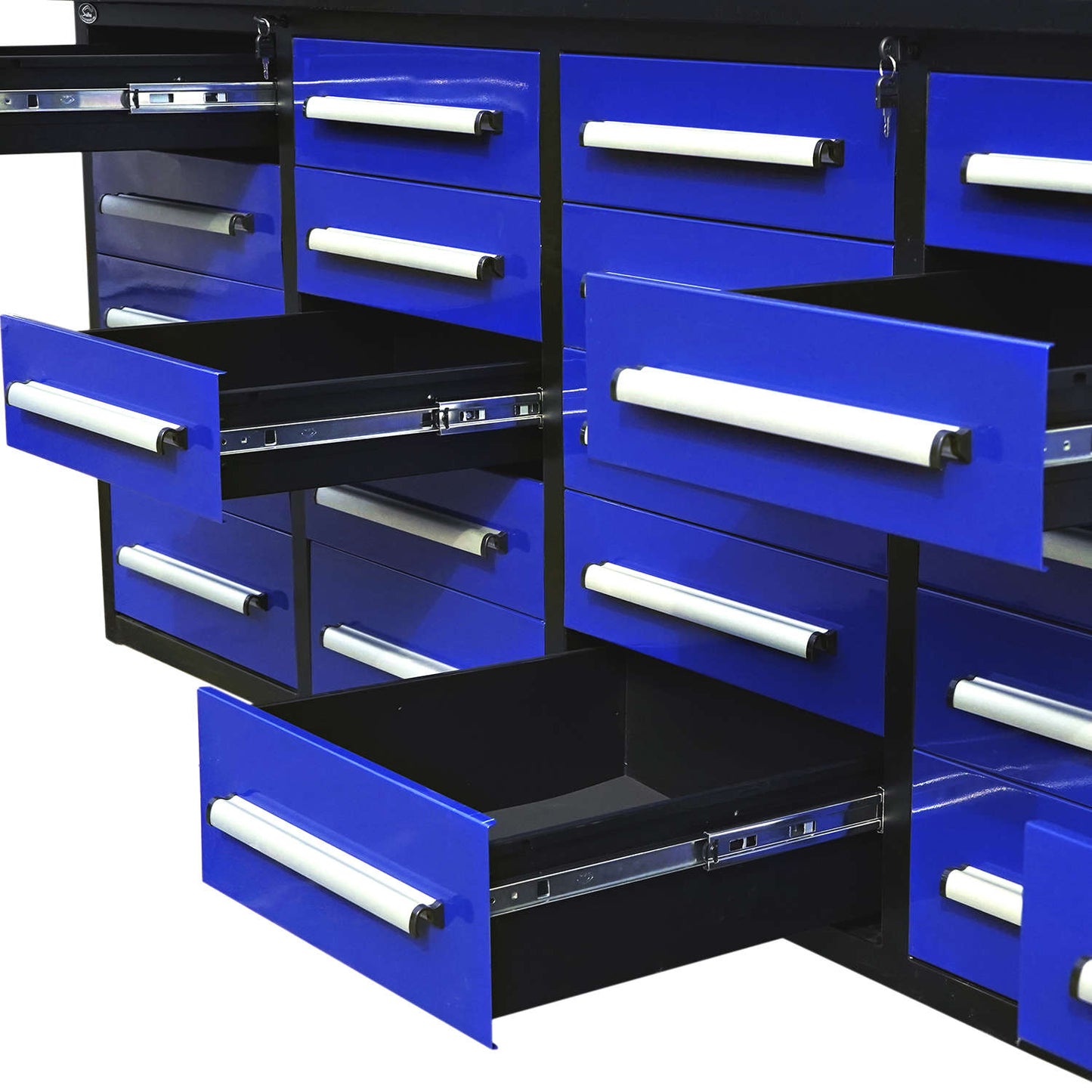 The 10' 25-drawer Garage Storage cabinet has 2 sizes of drawers#color_blue
