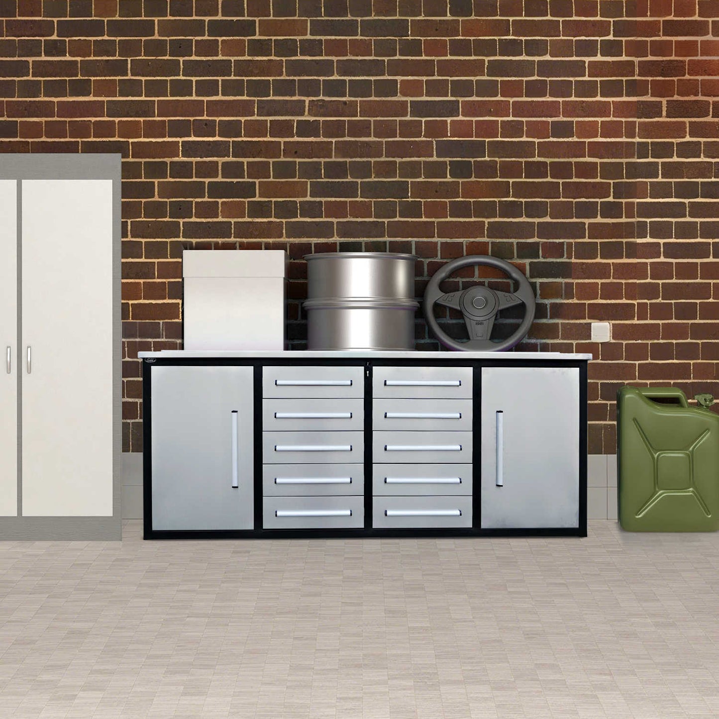 a 7ft 10-drawers workbench in a garage#color_Silver