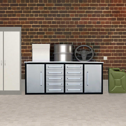 a 7ft 10-drawers workbench in a garage#color_Silver