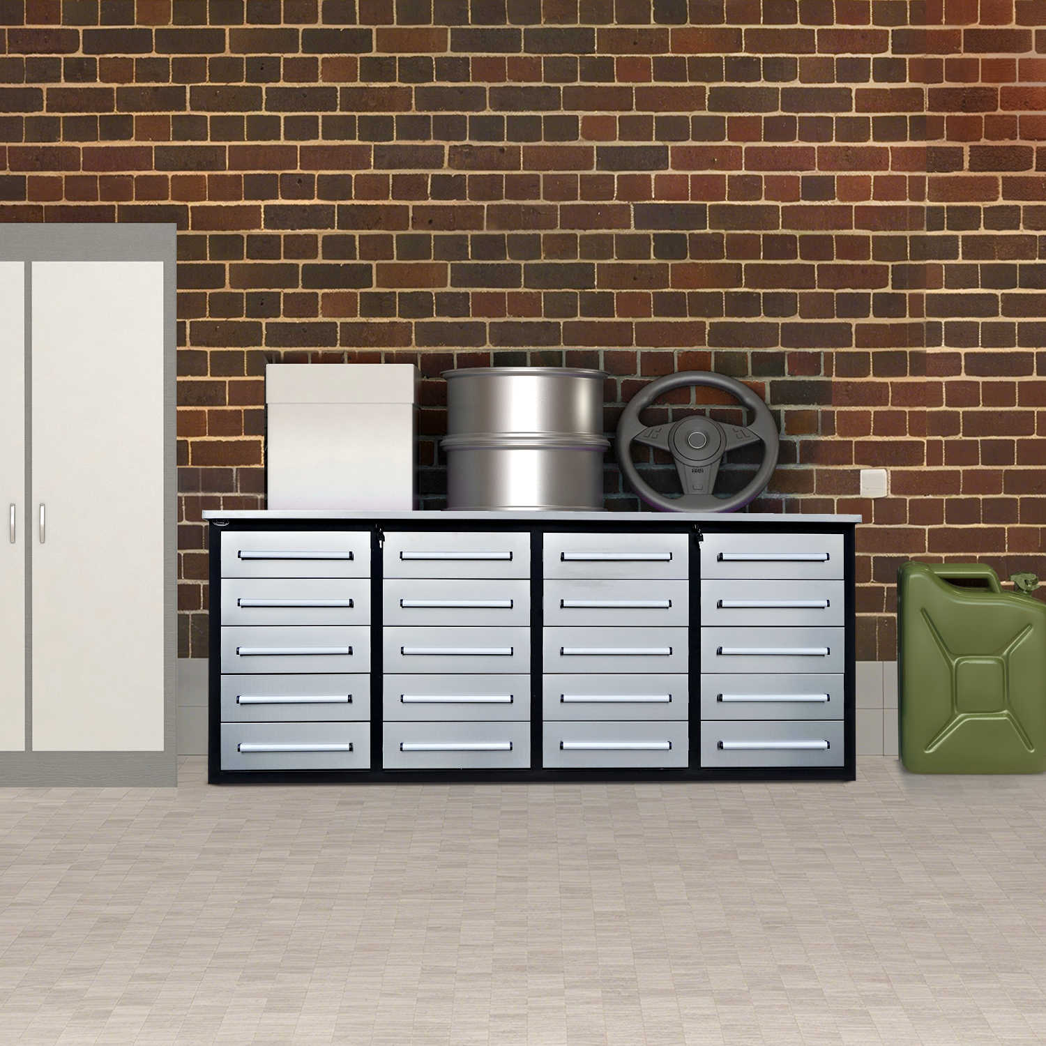 a 7ft 20-drawers workbench in a garage