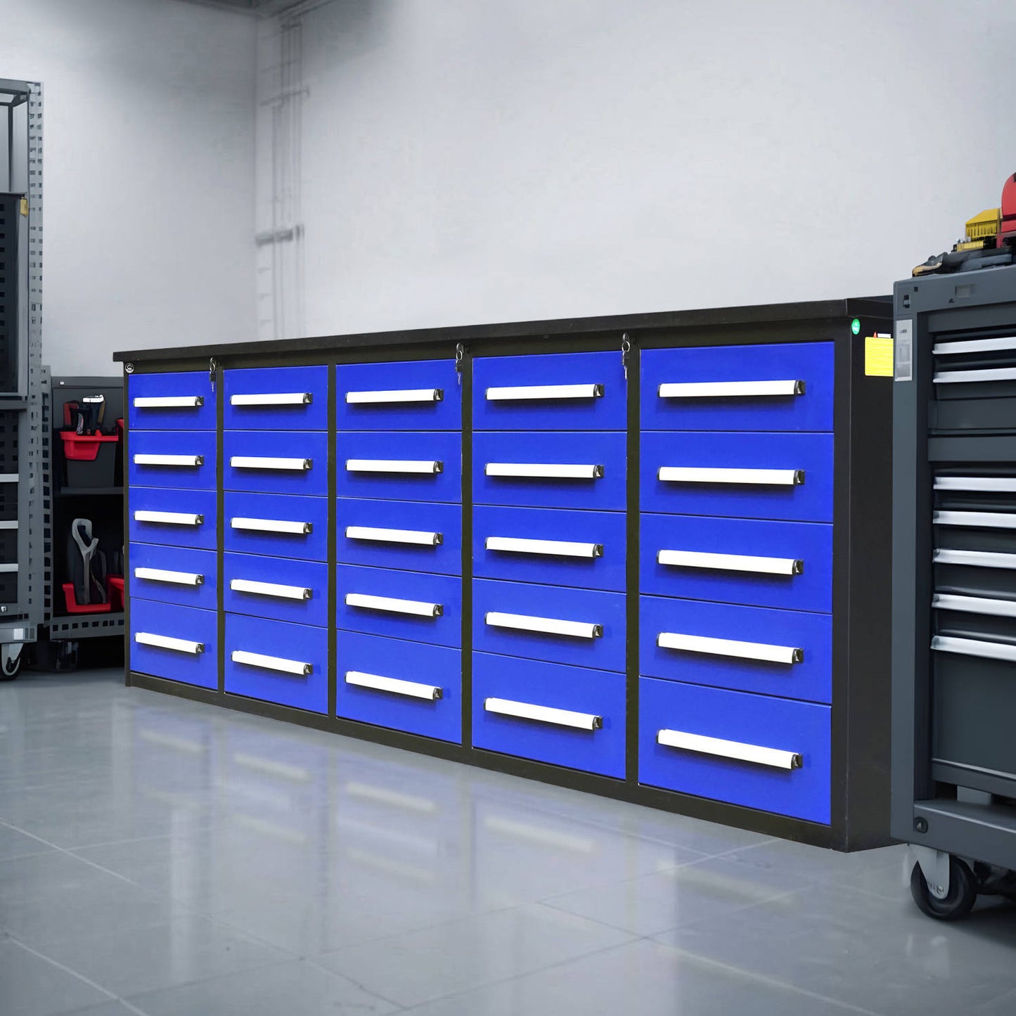 a 7ft 20-drawers workbench in a basement#color_Blue
