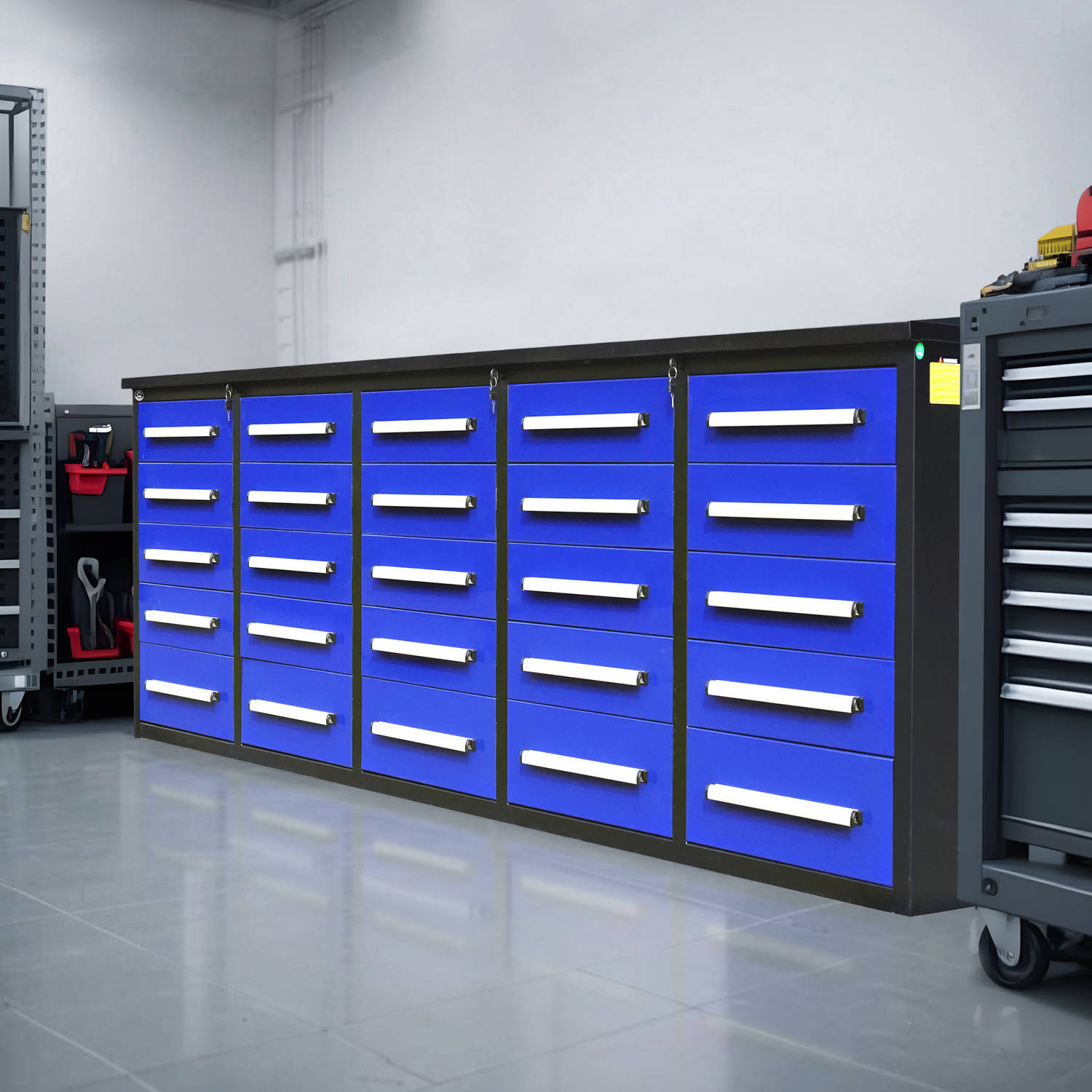 a 7ft 20-drawers workbench in a basement