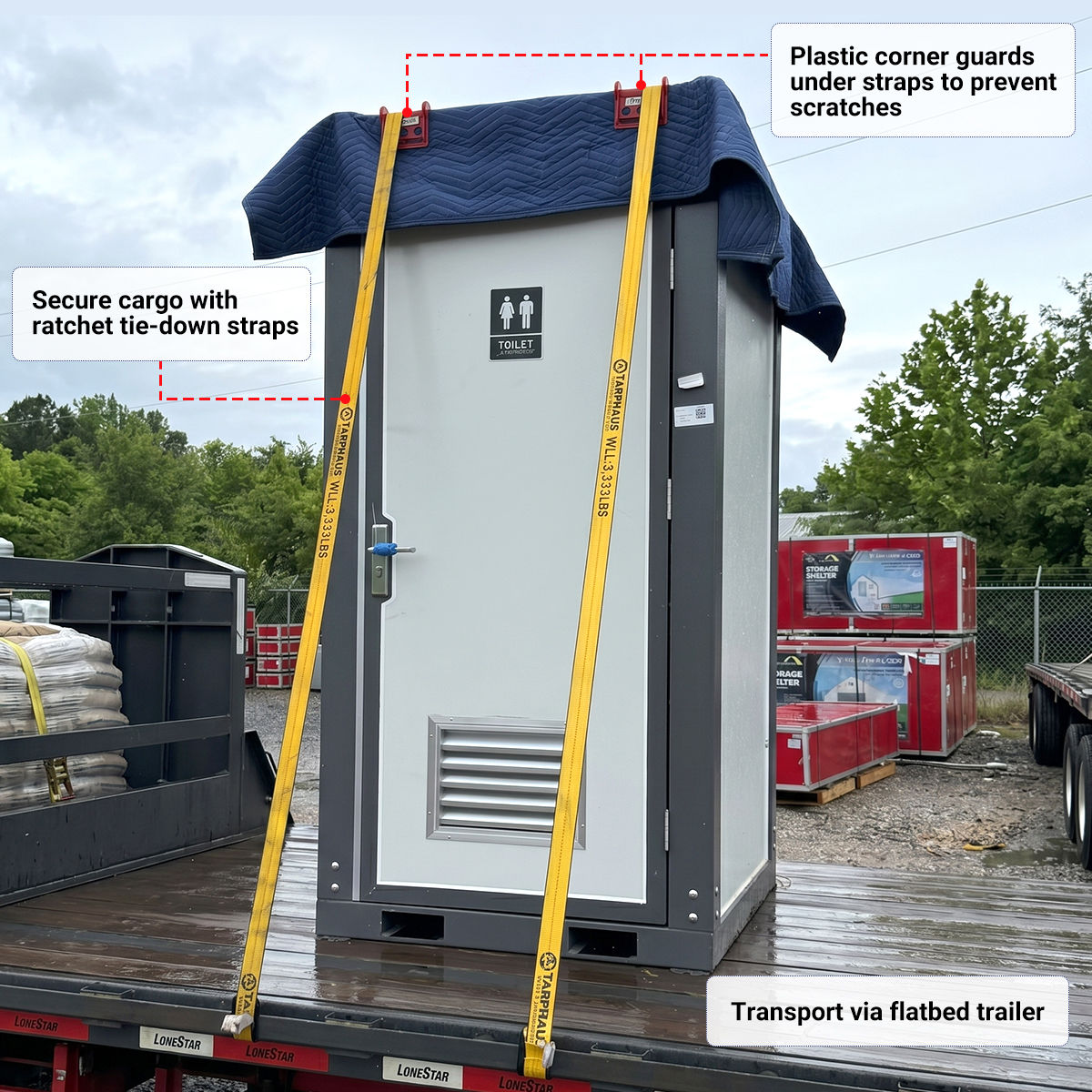 Portable restroom unit on a flatbed trailer with ratchet tie-down straps and plastic corner guards.