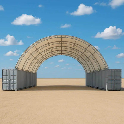 container shelter 40x40x15 with a fabric arch and metal containers on a clear sky background