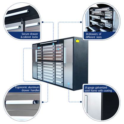key features of 9' Garage Storage Cabinet with 34 Drawers 